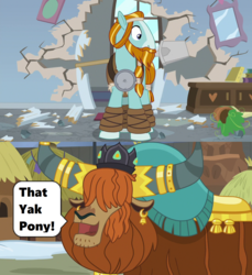 Size: 1280x1395 | Tagged: safe, edit, edited screencap, screencap, prince rutherford, rockhoof, earth pony, pony, yak, a rockhoof and a hard place, g4, not asking for trouble, season 7, season 8, cracks, crown, flower pot, happy, hole in the wall, hut, jewelry, male, meme, open mouth, regalia, rockhoof's shovel, school of friendship, shovel, smashing, speech bubble, stallion, text, that's my pony, that's my x, wide eyes, yakyakistan