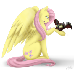 Size: 1028x997 | Tagged: safe, artist:scarletsfeed, fluttershy, bat, pony, g4, female, kamen rider, kamen rider kiva, kivat-bat the 2nd, mare, simple background, smiling, white background