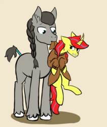 Size: 1081x1281 | Tagged: safe, artist:dyonys, oc, oc only, oc:chain steel (bill), oc:maya yamato, earth pony, pony, unicorn, behaving like a cat, blushing, braid, clothes, curved horn, female, height difference, horn, male, mare, mouth hold, scruff, simple background, stallion
