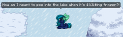 Size: 1995x606 | Tagged: safe, oc, oc only, oc:midnight mist, pegasus, pony, pony town, censored vulgarity, confused, female, frustrated, funny, grawlixes, ice, joke, lying down, mare, screenshots, snow, solo, tree, winter