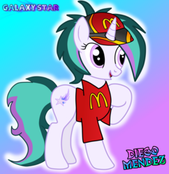 Size: 2800x2890 | Tagged: artist needed, safe, oc, oc only, oc:galaxystar, pony, unicorn, female, high res, mare, mcdonald's, pointing at self, solo