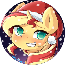 Size: 3700x3700 | Tagged: safe, artist:nekowyn, sunset shimmer, pony, unicorn, g4, blushing, christmas, cute, female, grin, hat, high res, holiday, icon, looking at you, mare, santa hat, smiling, solo