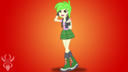 Size: 6830x3840 | Tagged: safe, artist:legendaryspider, cherry crash, equestria girls, g4, my little pony equestria girls: better together, background human, bedroom eyes, boots, clothes, come hither, ear piercing, earring, fingerless gloves, gloves, jacket, jewelry, leather jacket, looking at you, miniskirt, piercing, plaid skirt, ripped, ripped shirt, shirt, shoes, short hair, show accurate, simple background, skirt, smiling