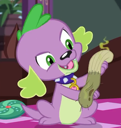 Size: 597x630 | Tagged: safe, screencap, spike, spike the regular dog, dog, equestria girls, equestria girls series, g4, reboxing with spike!, spoiler:eqg series (season 2), collar, cropped, dirty sock, fabulous fido's faberge flying disk, male, paws, sci-twi's room, smelly, smiling, solo, spike's dog collar, tail