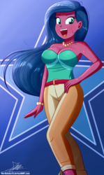 Size: 850x1430 | Tagged: safe, artist:the-butch-x, desert sage, equestria girls, equestria girls series, g4, spring breakdown, spoiler:eqg series (season 2), background human, bare shoulders, beautiful, bracelet, breasts, bustier, busty desert sage, cleavage, clothes, female, hand on hip, jewelry, necklace, open mouth, pants, sexy, sleeveless, smiling, solo, strapless, that was fast, tube top