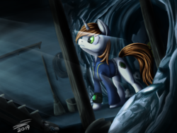 Size: 2400x1800 | Tagged: safe, artist:sigilponies, oc, oc only, oc:littlepip, pony, unicorn, fallout equestria, cellar, clothes, cutie mark, fanfic, fanfic art, female, hooves, horn, jumpsuit, mare, pipbuck, solo, stable 2, stable door, vault suit