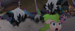 Size: 1920x804 | Tagged: safe, screencap, earth pony, pony, g4, my little pony: the movie, airship, background pony, dust, female, mare, market, scared, storm guard, unnamed character, unnamed pony