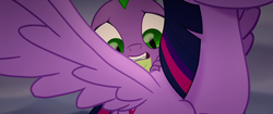 Size: 1920x804 | Tagged: safe, screencap, spike, twilight sparkle, alicorn, dragon, pony, g4, my little pony: the movie, flying, looking down, male, spread wings, twilight sparkle (alicorn), wings