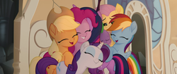 Size: 1920x804 | Tagged: safe, screencap, applejack, fluttershy, pinkie pie, rainbow dash, rarity, spike, twilight sparkle, alicorn, dragon, earth pony, pegasus, pony, unicorn, g4, my little pony: the movie, eyes closed, female, group hug, hug, male, mane seven, mane six, mare, twilight sparkle (alicorn)