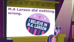 Size: 1366x768 | Tagged: safe, artist:pixelkitties, edit, edited screencap, screencap, twilight sparkle, alicorn, pony, g4, the cutie re-mark, 1000 years in photoshop, button, discovery family logo, female, happy, hitler did nothing wrong, i believe in m.a. larson, m.a. larson, meme, mouthpiece, podium, presentation, projection, shitposting, solo, spotlight, twilight sparkle (alicorn)