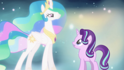 Size: 1439x810 | Tagged: safe, edit, edited screencap, screencap, princess celestia, starlight glimmer, alicorn, pony, g4, magical mystery cure, ascension realm, duo, female, looking at each other, mare, princess celestia's special princess making dimension