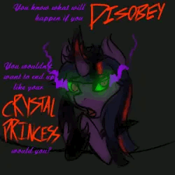 Size: 250x250 | Tagged: safe, artist:sinsays, part of a set, twilight sparkle, pony, unicorn, ask corrupted twilight sparkle, tumblr:ask corrupted twilight sparkle, g4, animated, caption, color change, corrupted, corrupted element of harmony, corrupted element of magic, corrupted twilight sparkle, crown, curved horn, dark, dark equestria, dark magic, dark queen, dark world, darkened coat, darkened hair, female, gif, gif for breezies, gif with captions, hoof shoes, horn, insanity, jewelry, magic, necklace, part of a series, picture for breezies, psychotic, psychotic twilight sparkle, queen twilight, regalia, solo, sombra empire, sombra eyes, sombra horn, tiara, tumblr, tyrant sparkle, unicorn twilight