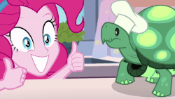 Size: 800x450 | Tagged: safe, screencap, pinkie pie, tank, equestria girls, g4, my little pony equestria girls: better together, animated, chef's hat, gif, hat, smiling, thumbs up