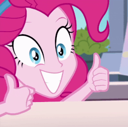 Size: 800x797 | Tagged: safe, screencap, pinkie pie, equestria girls, g4, my little pony equestria girls: better together, animated, cropped, female, gif, grin, smiling, solo, thumbs up