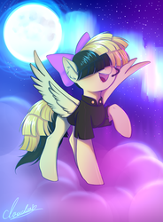 Size: 1890x2563 | Tagged: safe, artist:夏米, songbird serenade, pony, g4, my little pony: the movie, bow, clothes, cloud, female, full moon, hair bow, headworn microphone, mare, moon, on a cloud, raised hoof, solo