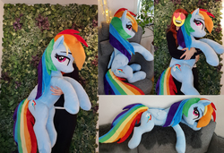 Size: 4448x3048 | Tagged: safe, artist:epicrainbowcrafts, human, couch, female, folded wings, irl, irl human, lidded eyes, life size, mare, photo, plushie, prone, solo, wings