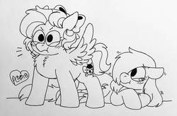 Size: 1024x673 | Tagged: safe, artist:sandwichbuns, oc, oc only, oc:gale wings, oc:ladybird, pegasus, pony, female, filly, magical lesbian spawn, monochrome, offspring, parent:fluttershy, parent:rainbow dash, parents:flutterdash, sisters, traditional art