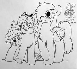 Size: 1024x913 | Tagged: safe, artist:sandwichbuns, oc, oc only, oc:gale wings, oc:ladybird, pegasus, pony, female, magical lesbian spawn, mare, monochrome, offspring, parent:fluttershy, parent:rainbow dash, parents:flutterdash, sisters, tongue out, traditional art