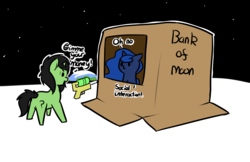 Size: 2254x1457 | Tagged: safe, artist:cutelewds, princess luna, oc, oc:filly anon, alicorn, earth pony, pony, unicorn, g4, bank, bank robbery, butt, cardboard box, duo, female, filly, introvert, moon, plot, text, watergun