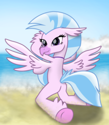 Size: 3045x3500 | Tagged: safe, artist:ejlightning007arts, silverstream, classical hippogriff, hippogriff, g4, anatomically incorrect, beach, butt, butt focus, female, high res, incorrect leg anatomy, kneeling, looking back, plot, smiling, solo