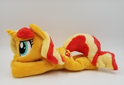 Size: 679x464 | Tagged: safe, artist:lunarchik13, sunset shimmer, pony, unicorn, g4, beanie (plushie), female, irl, mare, photo, plushie, prone