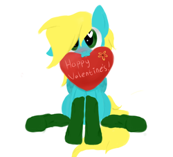 Size: 1870x1700 | Tagged: safe, artist:flaminbunny, oc, oc only, oc:autumn breeze, pony, blushing, clothes, female, heart eyes, holiday, mare, mouth hold, simple background, sitting, socks, solo, valentine, valentine's day, white background, wingding eyes