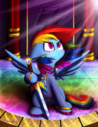 Size: 3250x4200 | Tagged: safe, artist:darksly, rainbow dash, pegasus, pony, g4, eye scar, female, looking up, mare, scar, smiling, solo, sword, weapon