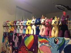 Size: 720x537 | Tagged: safe, artist:ponylover88, applejack, cheerilee, fluttershy, pinkie pie, princess cadance, princess celestia, princess luna, rainbow dash, rarity, songbird serenade, starlight glimmer, sunset shimmer, tempest shadow, trixie, twilight sparkle, alicorn, earth pony, pegasus, pony, unicorn, my little pony: the movie, blanket, build-a-bear, cardboard twilight, clothes, dress, female, gala dress, heart, irl, line-up, looking back, mane six, mare, photo, plushie, rainbow, spread wings, stock vector, towel, wings