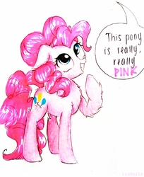 Size: 1050x1289 | Tagged: safe, artist:liaaqila, pinkie pie, earth pony, pony, g4, captain obvious, chest fluff, commission, cute, diapinkes, female, leg fluff, mare, pink, pinkest pie, raised hoof, simple background, smiling, solo, speech bubble, traditional art, white background, you don't say