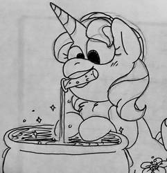 Size: 1024x1062 | Tagged: safe, artist:sandwichbuns, oc, oc only, oc:cornflower, pony, unicorn, cauldron, female, magical lesbian spawn, mare, monochrome, mouth hold, offspring, parent:starlight glimmer, parent:trixie, parents:startrix, solo, traditional art
