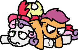 Size: 493x319 | Tagged: safe, artist:pokehidden, apple bloom, scootaloo, sweetie belle, earth pony, pony, banned from equestria daily, g4, spoiler:banned from equestria daily 1.5, cutie mark crusaders, female, pixel art, sad, simple background, transparent background, trio