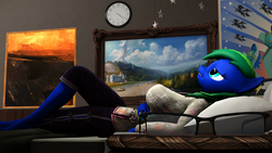Size: 3840x2160 | Tagged: safe, artist:caveboy2000, oc, oc only, oc:thundy, anthro, 3d, barefoot, feet, female, glasses, glasses off, high res, lying down, lying on bed, poster, solo, source filmmaker