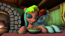 Size: 3840x2160 | Tagged: safe, artist:angelbirb, oc, oc only, oc:fiopon, oc:piquant, pony, 3d, fangs, forked tongue, high res, nuzzling, salad bowl, source filmmaker