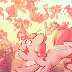 Size: 1200x1200 | Tagged: safe, artist:mirroredsea, pinkie pie, earth pony, pony, g4, too many pinkie pies, building, city, cityscape, clone, falling, female, mare, multeity, open mouth, skyscraper, skyscrapers, smiling, too much pink energy is dangerous, xk-class end-of-the-world scenario