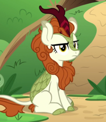 Size: 650x745 | Tagged: safe, screencap, autumn blaze, kirin, g4, sounds of silence, a kirin tale, autumn blaze is not amused, cropped, curved horn, female, horn, leonine tail, mare, scales, sitting, solo, unamused