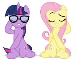 Size: 1560x1277 | Tagged: safe, artist:jhayarr23, edit, fluttershy, sci-twi, twilight sparkle, pegasus, pony, unicorn, equestria girls, equestria girls series, g4, i'm on a yacht, spring breakdown, spoiler:eqg series (season 2), equestria girls interpretation, equestria girls ponified, eyes closed, female, glasses, hooves behind head, human pony fluttershy, kneeling, mare, ponified, pose, raised eyebrow, sassy, scene interpretation, simple background, smiling, smug, transparent background, unicorn sci-twi, vector