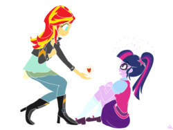 Size: 4000x3000 | Tagged: safe, artist:yinglung, sci-twi, sunset shimmer, twilight sparkle, equestria girls, g4, clothes, female, heart, lesbian, looking at each other, ship:sci-twishimmer, ship:sunsetsparkle, shipping, smiling