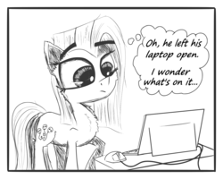 Size: 1250x1000 | Tagged: safe, artist:chopsticks, pinkie pie, oc, earth pony, pony, comic:wtb is this?, g4, alternate cutie mark, canon x oc, comic, computer, computer mouse, female, laptop computer, link in description, monochrome, pinkamena diane pie, sketch, solo, text, this will end in death, this will end in tears, this will end in tears and/or death, thought bubble