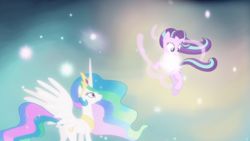 Size: 1440x810 | Tagged: safe, edit, edited screencap, screencap, princess celestia, starlight glimmer, alicorn, pony, unicorn, g4, magical mystery cure, ascension, ascension realm, duo, ethereal mane, female, flying, mare, princess celestia's special princess making dimension, spread wings, wings