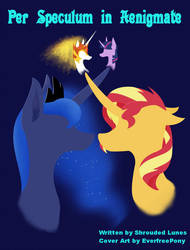 Size: 600x790 | Tagged: safe, artist:pony-from-everfree, daybreaker, princess luna, sunset shimmer, twilight sparkle, pony, unicorn, g4, armor, bust, cover art, crown, digital art, fanfic, fanfic art, female, jewelry, latin, mare, regalia, simple, simple background