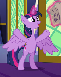 Size: 614x775 | Tagged: safe, screencap, twilight sparkle, alicorn, pony, g4, shadow play, bipedal, cropped, cute, female, glowing horn, happy, horn, levitation, magic, paper, parchment, solo, spread wings, telekinesis, twiabetes, twilight sparkle (alicorn), twilight's castle
