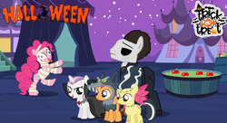 Size: 1024x559 | Tagged: safe, artist:balabinobim, apple bloom, pinkie pie, scootaloo, sweetie belle, pony, g4, halloween, halloween (movie), holiday, horror, michael myers, movie, movie reference, reference, trick or treat