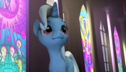 Size: 1887x1080 | Tagged: safe, artist:ivoryquest, trixie, pony, unicorn, g4, 3d, female, mare, smiling, solo, stained glass, window