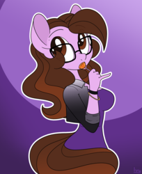 Size: 1200x1472 | Tagged: safe, artist:dativyrose, oc, oc only, oc:ivy rose, anthro, bracelet, breasts, candy, clothes, dress, female, food, glasses, jacket, jewelry, lollipop, looking at you, solo