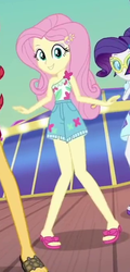 Size: 326x682 | Tagged: safe, screencap, fluttershy, rarity, sunset shimmer, equestria girls, equestria girls series, g4, spoiler:eqg series (season 2), clothes, cropped, feet, female, geode of fauna, legs, magical geodes, offscreen character, open-toed shoes, sandals, shorts, smiling