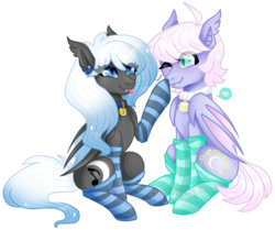 Size: 1732x1450 | Tagged: safe, artist:nekomellow, oc, oc only, oc:crescent charm, oc:moonlight melody, bat pony, pony, bell, bell collar, boop, clothes, collar, colorful, commission, cute, femboy, male, simple background, socks, stockings, striped socks, thigh highs, tongue out, transparent background