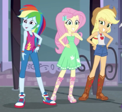 Size: 566x517 | Tagged: safe, screencap, applejack, fluttershy, rainbow dash, equestria girls, g4, my little pony equestria girls: better together, street chic, applejack's hat, bare shoulders, boots, clothes, converse, cowboy hat, cropped, dress, feet, female, geode of fauna, geode of super speed, geode of super strength, hat, legs, magical geodes, mirrored, sandals, sexy, shoes, sleeveless, sneakers, strapless, tank top, trio, trio female