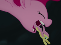 Size: 1079x801 | Tagged: safe, edit, edited screencap, screencap, fluttershy, pinkie pie, g4, my little pony: the movie, fetish, flutterprey, imminent vore, macro, micro, open mouth, pinkie pred, size difference, wat