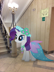Size: 2448x3264 | Tagged: safe, artist:albertuha, rarity, pony, unicorn, g4, clothes, dress, high res, irl, lightbulb, photo, ponies in real life, smiling, solo, stairs