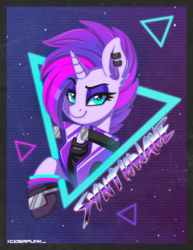 Size: 1357x1760 | Tagged: safe, artist:ciderpunk, oc, oc only, oc:synthwave, pony, unicorn, 80s, bust, clothes, cyberpunk, ear piercing, earring, eyeshadow, gloves, glowstick, jewelry, looking at you, makeup, not rarity, piercing, poster, punk, retrowave, synthwave, vest